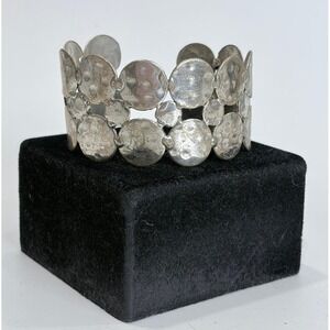Brutalist Modernist Hammered Disc Cuff Bracelet Silver Tone Wide Statement